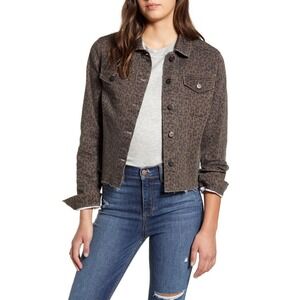 1822 Denim Leopard Print Cropped‎ Jacket Raw Hem Button Up XS/S